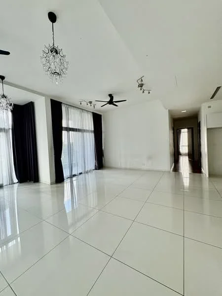 Living features: white painted walls, glossy porcelain tile flooring, 5-blade ceiling fan, 2 pendant lights, floor-to-ceiling windows, sheer curtains, blackout curtains, track lighting, open layout, natural light; style: modern. Room features: white painted walls, glossy porcelain tile flooring, track lighting.