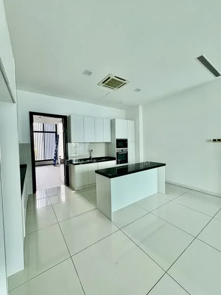 Kitchen features: white cabinetry, black countertop, stainless-steel sink, chrome pull-down faucet, built-in oven, microwave, ceramic tile flooring, recessed downlights, island with seating, open layout, wall-mounted cabinets, floor-to-ceiling windows, neutral wall color; style: modern.