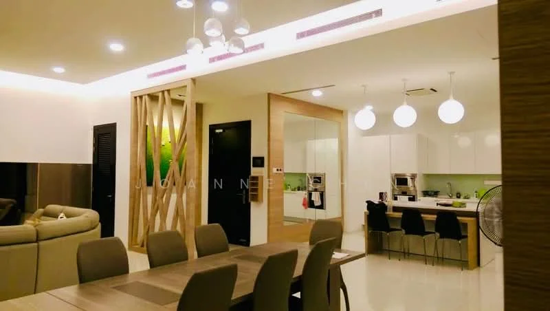 Living features: sofa in light grey fabric, dining table with wooden surface, upholstered dining chairs in beige, pendant lighting with three globes, wall-mounted fan, glass partition, greenery feature wall, white cabinetry, stainless-steel appliances, open kitchen layout, recessed ceiling lights, cream painted walls, light-colored flooring; style: modern.