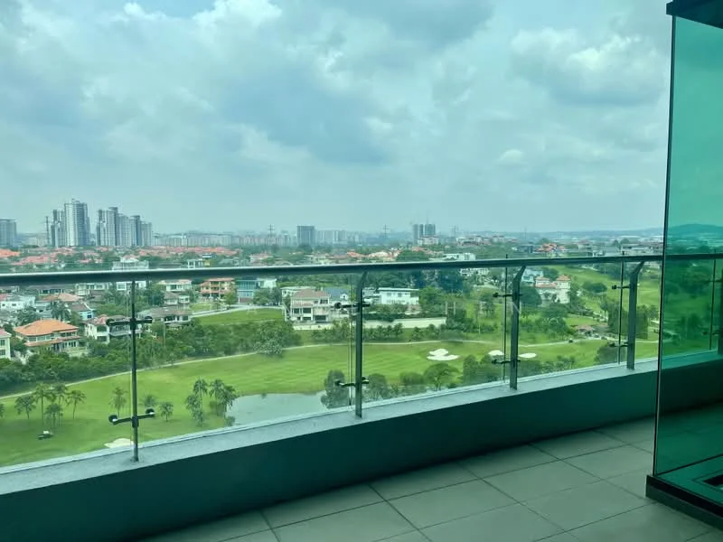 Room features: glass balcony railing, tile flooring, city skyline view, golf course view, outdoor space; style: modern; view: city.