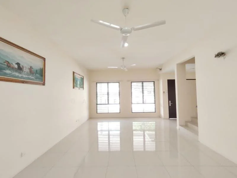 Living features: white painted walls, glossy white tile flooring, 2 ceiling fans, large windows with horizontal slats, framed artwork on walls, open layout, natural light, neutral color scheme; style: modern.