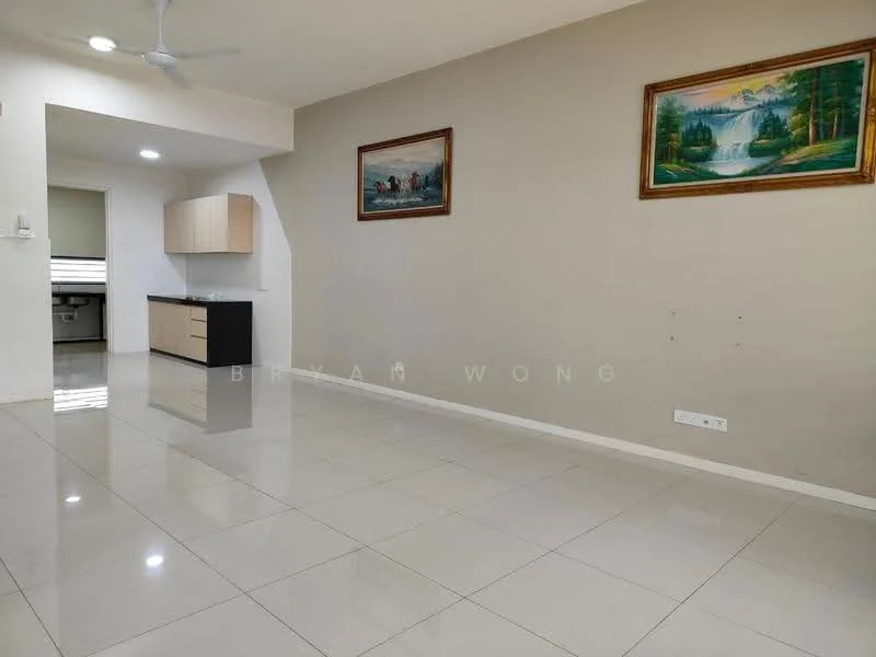 Living features: glossy ceramic tile flooring, white painted walls, recessed downlights, ceiling fan, two framed artworks on walls, open layout, kitchenette area with cabinets, large windows for natural light; style: modern.