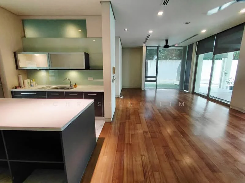 Kitchen features: island countertop with overhang, stainless-steel sink, chrome pull-down faucet, flat-panel cabinetry in dark grey, glass upper cabinets, white quartz countertop, built-in appliances, recessed downlights; style: modern; view: garden. Living features: wood flooring, large floor-to-ceiling windows, sliding glass door, ceiling fan, open layout, natural light, minimalist decor; style: modern; view: garden.