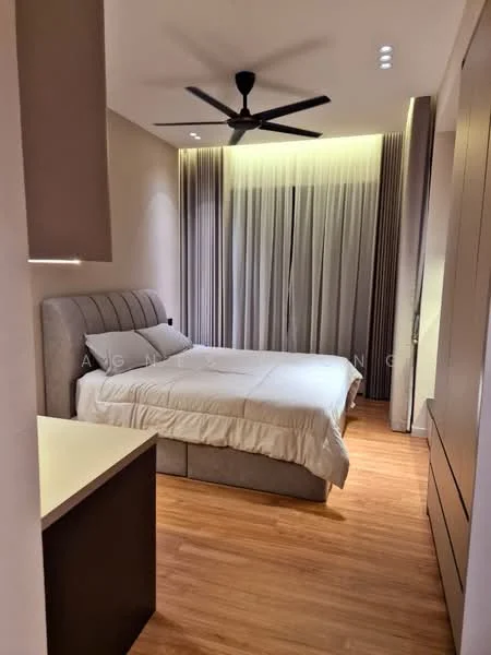 Bedroom features: king-size bed with upholstered headboard, bedside table, floor-to-ceiling windows, sheer curtains, 5-blade ceiling fan with light, wooden flooring, built-in wardrobe, recessed downlights; style: modern.
