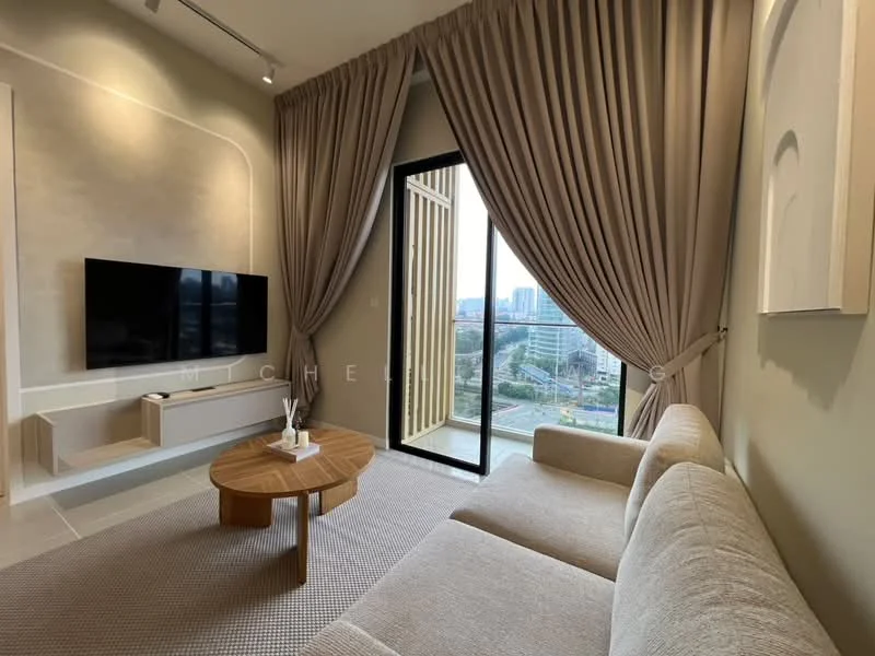 Living features: beige fabric sofa, wooden coffee table, wall-mounted TV, light grey walls, floor-to-ceiling windows, sheer curtains, recessed lighting, carpet flooring, decorative wall panel, city view; style: modern; view: city.