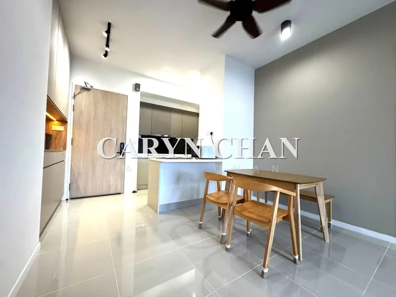 Dining features: white walls, grey accent wall, glossy tile flooring, 4-seater wooden dining table, wooden dining chairs, ceiling fan, recessed downlights, kitchen island with countertop, open layout to kitchen; style: modern.