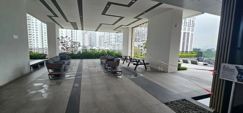 Exterior type: clubhouse; features: outdoor seating area, wooden benches, concrete flooring, landscaped greenery, glass railing, city skyline view, covered area, decorative wall with patterns; style: modern.