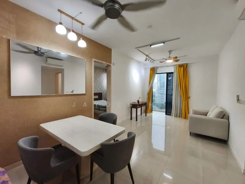 Living features: cream painted walls, white ceiling, recessed downlights, 5-blade ceiling fan, floor-to-ceiling windows, sliding glass door, yellow curtains, light-colored sofa, dining table with white top, 4 grey upholstered dining chairs, mirror on wall, tile flooring; style: modern; view: city.