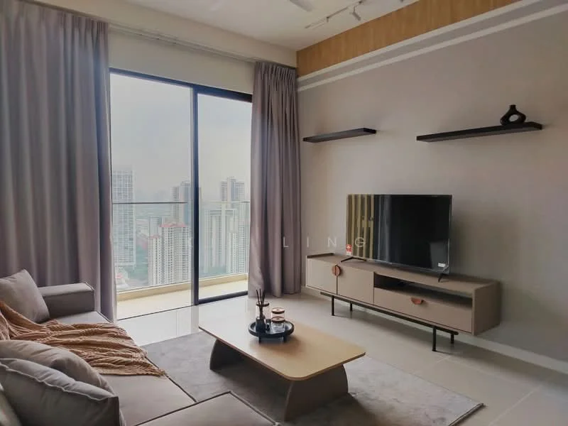 Living features: 3-seater fabric sofa in grey, coffee table with wooden top, TV console with storage, wall-mounted TV, floor-to-ceiling windows, curtains in light grey, decorative items on shelves, area rug with neutral tones; style: modern; view: city.