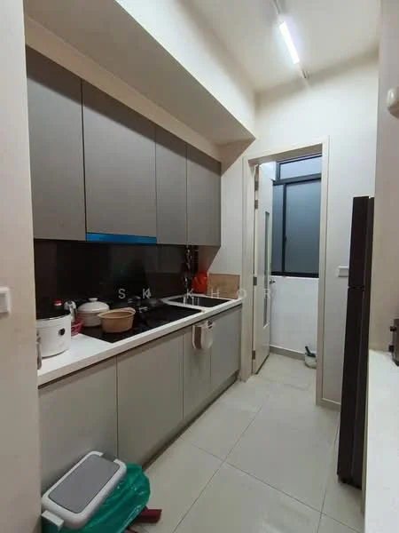 Kitchen features: grey flat-panel cabinets, white countertop, single-bowl stainless-steel sink, chrome pull-down faucet, built-in stove, microwave, refrigerator, ceramic tile flooring, wall-mounted cabinets, window with frosted glass, kitchen utensils on countertop, washing machine in adjacent area; style: modern.