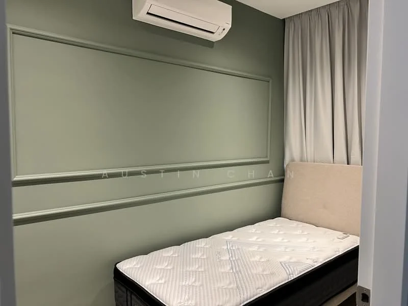 Bedroom features: green painted walls, wall-mounted split AC, grey curtains, upholstered headboard, single bed, mattress, flooring not visible; style: modern.