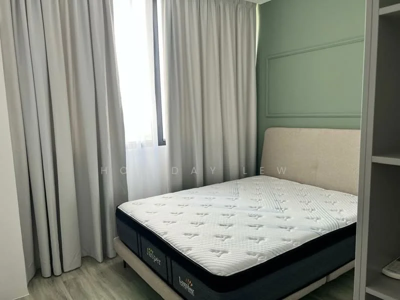 Bedroom features: queen-size bed, light grey upholstered headboard, white mattress, green accent wall, floor-to-ceiling window, sheer curtains, laminate flooring, built-in wardrobe; style: modern.