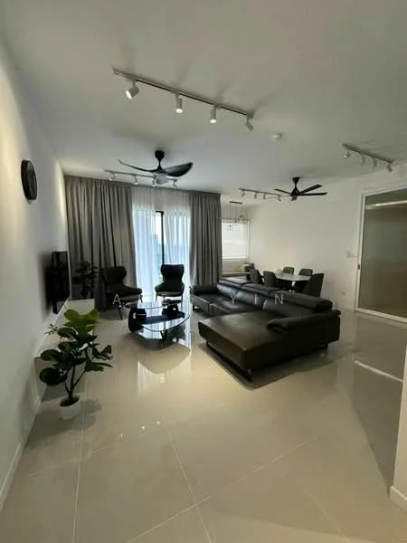 Living features: grey leather sectional sofa, black coffee table, wall-mounted TV, 5-blade ceiling fan with light, 2 ceiling fans, white painted walls, large sliding glass door, floor-to-ceiling curtains, glossy tile flooring, indoor plant in ceramic pot, recessed downlights; style: modern.