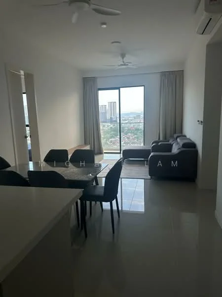 Living features: floor-to-ceiling windows, grey fabric sofa, 3-seater sofa, dining table with chairs, area rug, ceiling fan, white painted walls, glossy tile flooring, curtains, city view; style: modern; view: city.