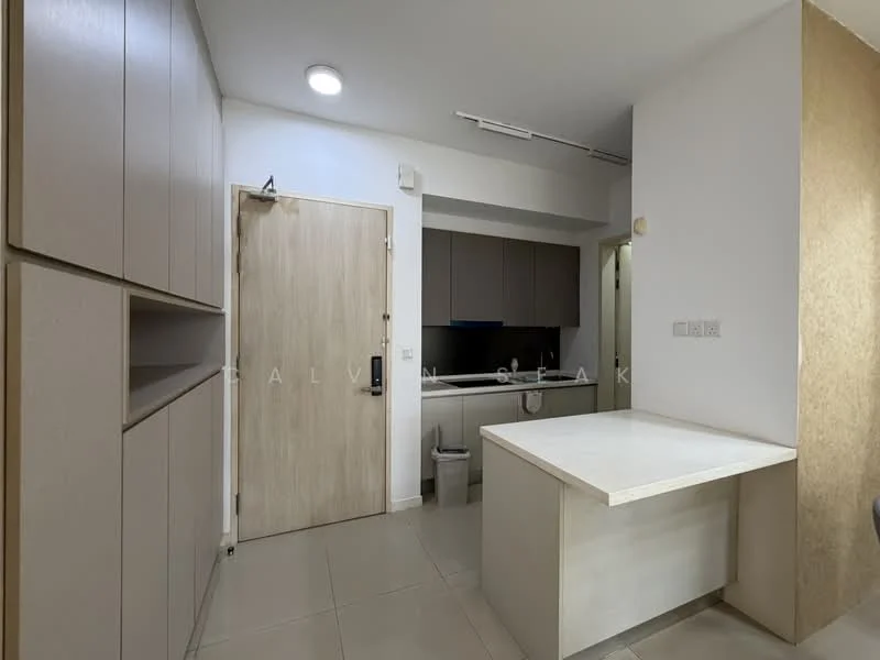 Kitchen features: white cabinetry, light wood cabinetry, laminate countertop, single-bowl stainless-steel sink, chrome pull-down faucet, built-in kitchen appliances, tile flooring, recessed downlights; style: modern. Room features: plain walls, light-colored walls, door to outside, waste bin.