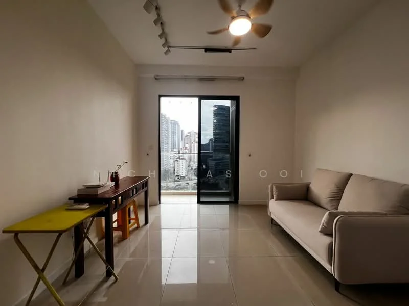 Living features: white painted walls, glossy tile flooring, 5-blade ceiling fan with light, sofa in light beige, wooden coffee table, yellow folding table, floor-to-ceiling sliding glass door, city view from window; style: modern; view: city.