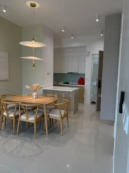 Dining features: 6-seater dining table, wooden dining chairs, pendant lighting fixture, white walls, glossy tile flooring, open-plan layout, kitchen island in background, recessed ceiling lights; style: modern. Kitchen features: white cabinetry, countertop with integrated sink, stainless-steel appliances, open layout to dining area; style: modern.