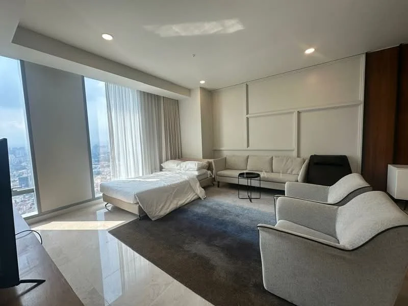 Living features: floor-to-ceiling windows, grey fabric sofa, 2 armchairs in light fabric, black side table, area rug with neutral tones, marble tile flooring, recessed downlights, white painted walls, light curtains, queen-size bed with white bedding, wooden accent wall; style: modern; view: city.