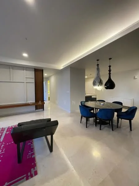 Living features: marble flooring, grey painted walls, recessed downlights, pendant lighting, black pendant lamps, dining table with black chairs, area rug with geometric pattern, built-in shelving unit, large windows, open layout; style: modern.