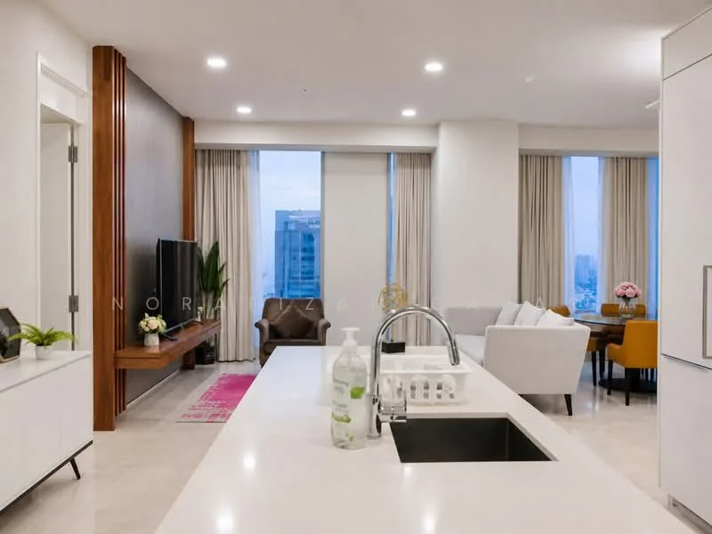 Kitchen features: white cabinetry, black countertop, single-bowl stainless-steel sink, chrome pull-down faucet, built-in oven, freestanding range oven, recessed downlights, marble flooring, open layout to living area, floor-to-ceiling windows, view of city skyline; style: modern; view: city. Living features: sofa with cushions, coffee table, TV console, wall-mounted TV, area rug, dining table with chairs, floor-to-ceiling windows, curtains, decorative plants; style: modern; view: city.