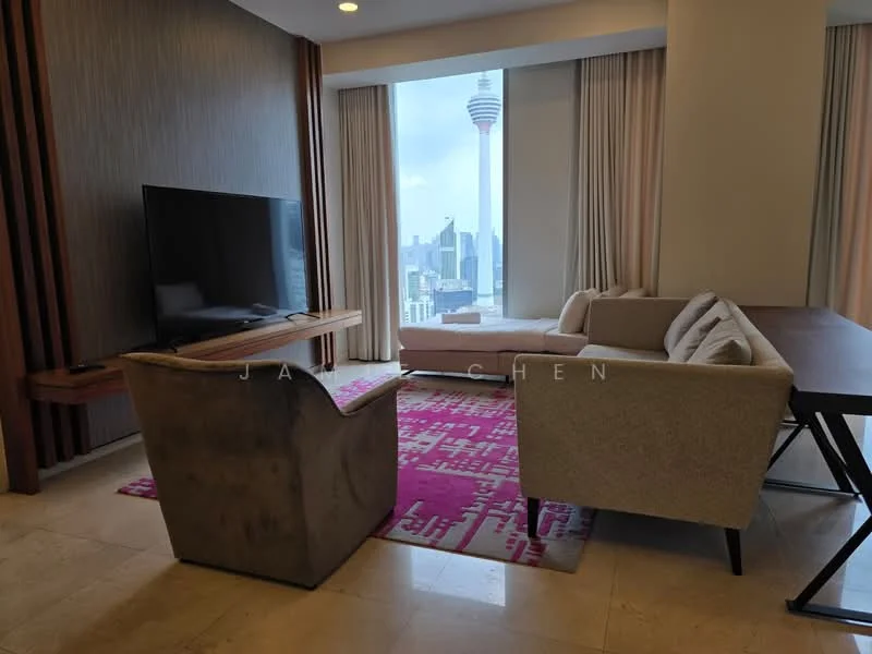 Living features: floor-to-ceiling windows, curtains, sofa in light grey fabric, armchair in concrete finish, wooden TV console, wall-mounted TV, area rug with geometric pattern, dining table with metal legs, decorative wall paneling, marble tile flooring; style: modern; view: city.