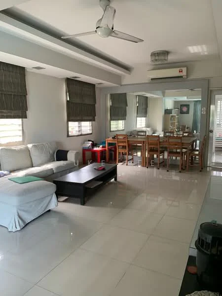 Living features: 3-seater fabric sofa in white, coffee table, ceiling fan, recessed downlights, white painted walls, tile flooring, large windows with sheer curtains, area rug, wall-mounted air conditioning unit; style: modern. Dining features: 6-seater wooden dining table, wooden dining chairs, large mirror on wall, white painted walls, tile flooring, recessed downlights, window with blinds; style: modern.