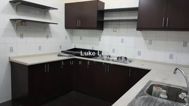 Kitchen features: dark wood cabinetry, light-colored countertop, stainless-steel sink, single-bowl sink, gas cooktop, wall-mounted shelves, white tiled walls, black tiled flooring; style: modern.