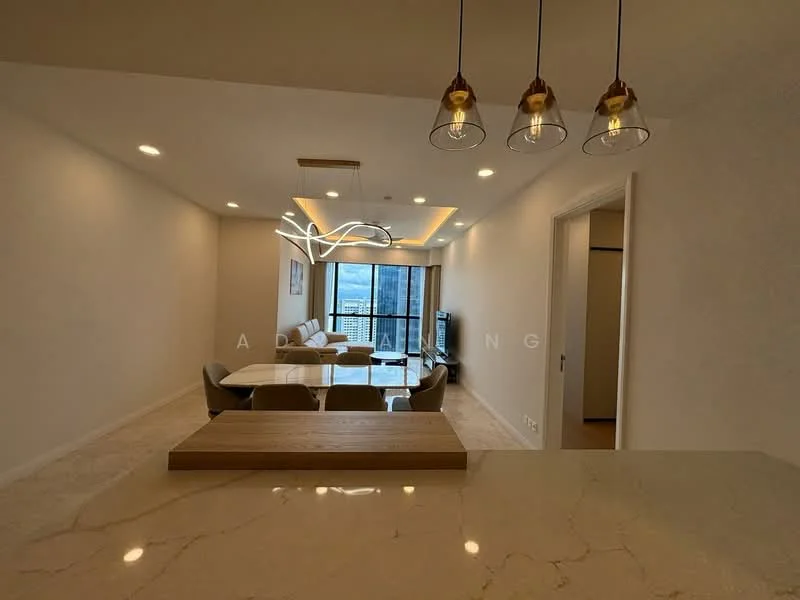 Living features: marble flooring, white painted walls, tray ceiling with recessed lighting, modern pendant light fixture, floor-to-ceiling windows, sliding glass door, sofa in beige, coffee table, TV console, area rug, open layout to kitchen, city view; style: modern; view: city. Kitchen features: marble countertop, kitchen island, pendant lighting over island; style: modern.