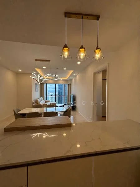 Living features: marble countertop, pendant lighting with three bulbs, recessed ceiling lights, floor-to-ceiling windows, sliding glass door, light-colored walls, wooden flooring, modern light fixture, open layout, sofa, dining table, decorative wall art; style: modern; view: city. Kitchen features: marble countertop, built-in cabinetry, stainless-steel appliances, open layout to living area; style: modern.