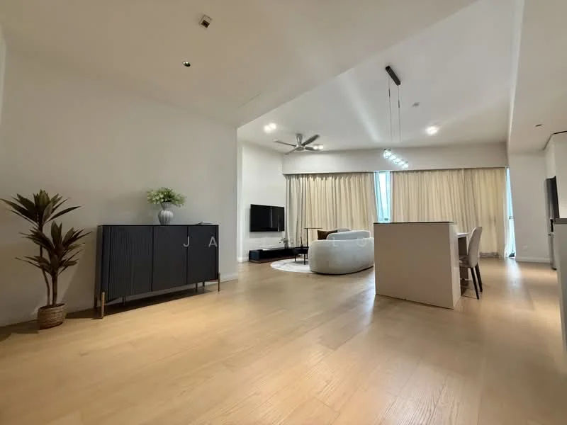 Living features: light wood flooring, white painted walls, 5-blade ceiling fan, recessed downlights, wall-mounted TV, black sideboard cabinet, large windows with sheer curtains, round area rug, sofa in light fabric, dining table with chairs; style: modern.
