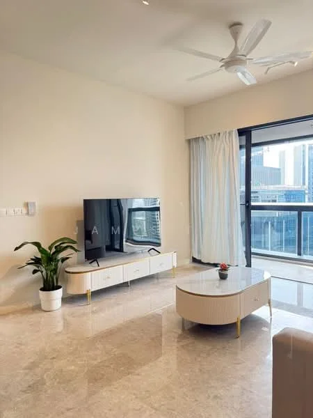 Living features: marble flooring, white painted walls, 5-blade ceiling fan with light, wall-mounted TV, TV console with drawers, round coffee table, large glass sliding door, sheer curtains, indoor plant in white pot; style: modern; view: city.