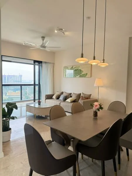 Living features: 3-seater fabric sofa in light beige, decorative cushions in various colors, coffee table, floor-to-ceiling windows, city view, 5-blade ceiling fan with light, recessed downlights, artwork on wall, laminate flooring, area rug, potted plant, side lamp; style: modern; view: city. Dining features: 6-seater dining table, black dining chairs, vase with flowers on table, pendant lighting above table; style: modern; view: city.