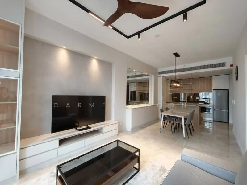 Living features: light grey walls, marble tile flooring, 5-blade ceiling fan with light, recessed downlights, wall-mounted TV, built-in cabinetry, glass coffee table, sofa in light grey fabric, dining table with chairs, open-plan layout to kitchen, large windows for natural light; style: modern. Kitchen features: wood cabinetry, stainless-steel refrigerator, built-in oven, kitchen island, pendant lighting, open shelving, countertop with bar seating; style: modern.