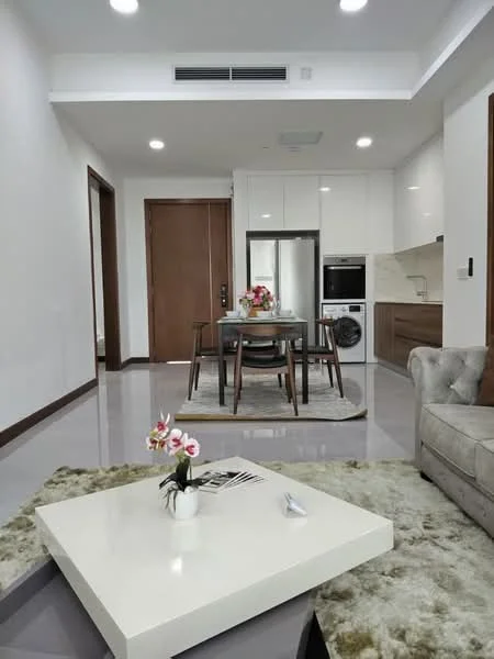 Living features: grey fabric sofa, coffee table with white surface, area rug with geometric pattern, dining table with four chairs, refrigerator, built-in oven, washing machine, white cabinetry, grey countertop, recessed downlights, white painted walls, sliding door, floor-to-ceiling windows; style: modern.