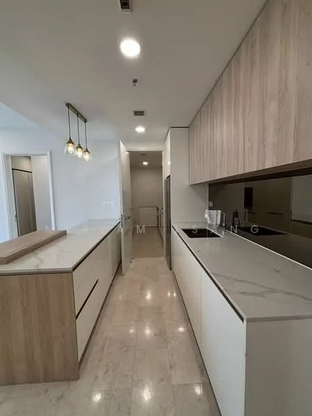 Kitchen features: marble countertop, white cabinetry, wooden upper cabinets, built-in refrigerator, built-in oven, stainless-steel sink, chrome pull-down faucet, pendant lighting, tile flooring, mirror backsplash, open shelving, kitchen island, recessed downlights; style: modern.