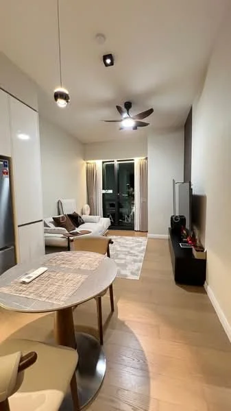 Living features: 3-seater fabric sofa in white, coffee table, TV console, wall-mounted TV, ceiling fan with light, recessed downlights, floor-to-ceiling windows, sheer curtains, wooden flooring, decorative wall panel, area rug with geometric pattern; style: modern; view: city. Dining features: round dining table, 2 dining chairs, table setting with placemat; style: modern.