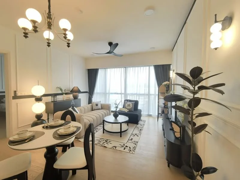 Living features: 3-seater fabric sofa in light grey, black coffee table, TV console, wall-mounted TV, area rug with floral pattern, 5-blade ceiling fan with light, floor-to-ceiling windows with sheer curtains, decorative plant in ceramic pot, decorative wall art, black side table, 2 dining chairs, round dining table with white top, black dining chairs; style: modern; view: city.