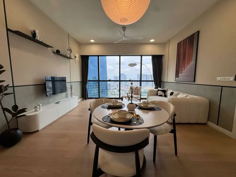 Living features: floor-to-ceiling windows, light wood flooring, white walls with black trim, modern pendant light, sofa in white upholstery, round dining table, 4 upholstered dining chairs, TV console in white, decorative plant, wall-mounted TV, decorative artwork on wall, arc floor lamp; style: modern; view: city.