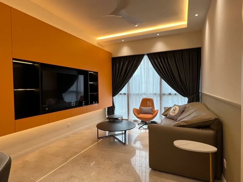 Living features: orange feature wall, wall-mounted TV, grey leather sofa, round coffee table, floor-to-ceiling windows, sheer curtains, blackout curtains, ceiling fan with light, marble flooring, decorative cushions, accent chair in orange, recessed lighting; style: modern.