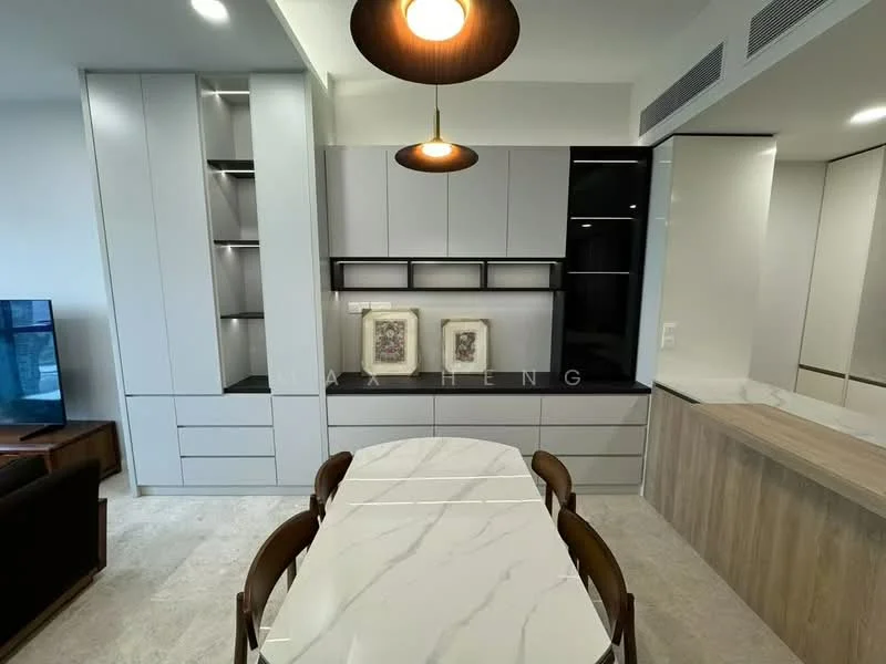 Dining features: marble dining table, wooden dining chairs, built-in cabinetry with grey finish, black accent wall, recessed lighting, pendant light fixture, light-colored flooring, open shelving, decorative wall art; style: modern.