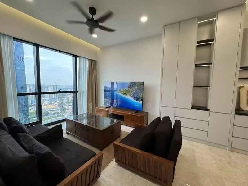 Living features: 3-seater fabric sofa in black, 2-seater fabric sofa in black, wooden coffee table, wall-mounted TV, built-in cabinetry with shelves, floor-to-ceiling windows, curtains, ceiling fan, marble flooring, neutral wall color; style: modern; view: city.