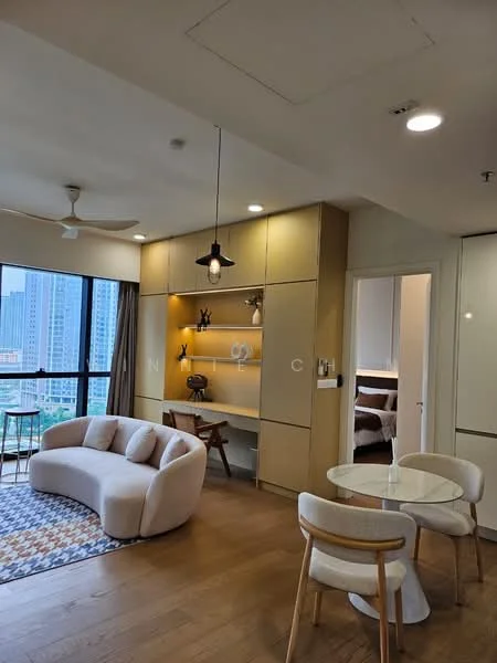 Living features: 3-seater curved fabric sofa in light beige, round dining table with glass top, 3 wooden dining chairs, area rug with geometric pattern, wall-mounted shelving unit with warm lighting, pendant light fixture, ceiling fan, floor-to-ceiling windows, wooden flooring, decorative wall art; style: modern; view: city.