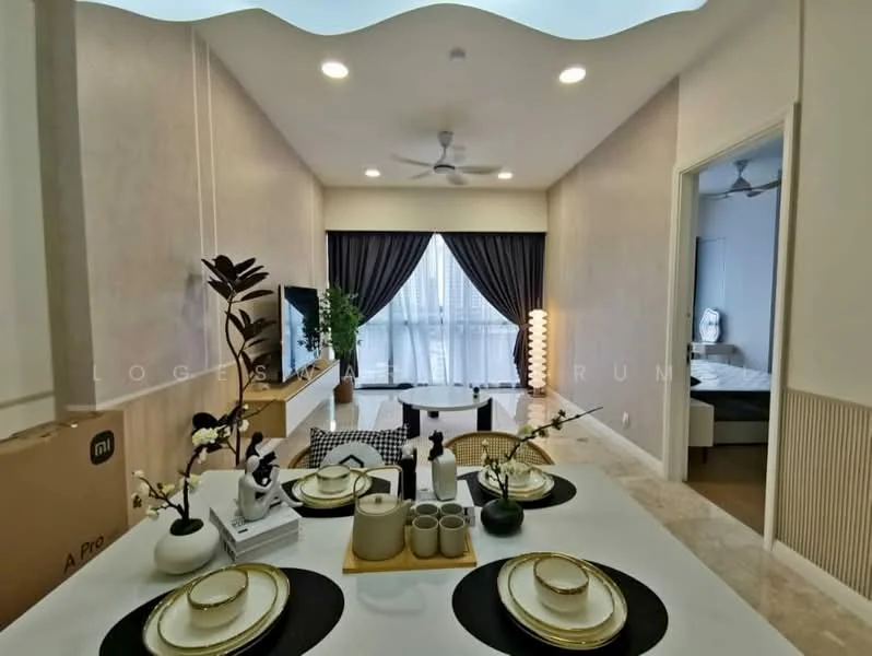 Dining features: white dining table, black placemats, gold rimmed plates, decorative vase with flowers, wall-mounted TV, ceiling fan with light, curtains, light-colored walls, marble flooring; style: modern. Living features: sofa, coffee table, decorative cushions, floor-to-ceiling windows, light-colored walls, curtains; style: modern. Bedroom features: queen-size bed, bedding, nightstand, lamp, built-in wardrobe; style: modern.