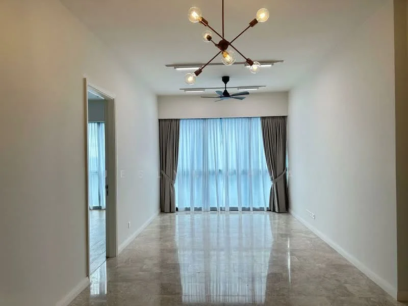 Living features: white painted walls, marble tile flooring, 5-blade ceiling fan with light, chandelier with exposed bulbs, floor-to-ceiling windows, sheer curtains, grey curtains, open layout; style: modern; view: city.