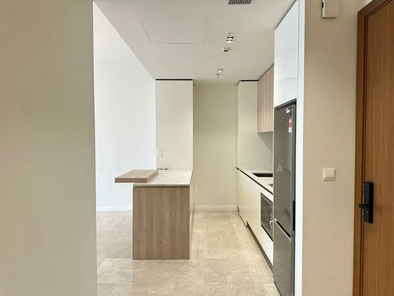 Kitchen features: white cabinetry, wooden cabinetry, marble countertop, stainless-steel fridge, built-in oven, induction cooktop, single-bowl stainless-steel sink, chrome pull-down faucet, pendant lighting, recessed downlights, tile flooring, open layout, kitchen island; style: modern.