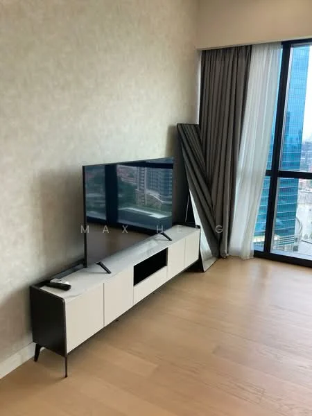 Living features: light wood flooring, light beige painted walls, floor-to-ceiling windows, black TV console with white cabinetry, wall-mounted TV, large mirror, sheer curtains, blackout curtains; style: modern; view: city.