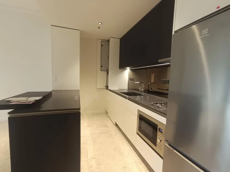 Kitchen features: black cabinetry, white cabinetry, stainless-steel fridge, built-in oven, 4-burner gas hob, stainless-steel range hood, marble countertop, under-cabinet lighting, tile backsplash, open layout, island counter, recessed downlights, drawer storage; style: modern.