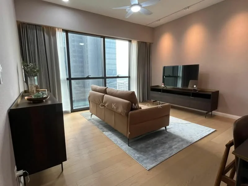 Living features: 3-seater fabric sofa in beige, coffee table, TV console, wall-mounted TV, area rug, floor-to-ceiling windows, curtains, ceiling fan with light, light wood flooring, decorative plant, wall-mounted artwork, neutral painted walls; style: modern; view: city.
