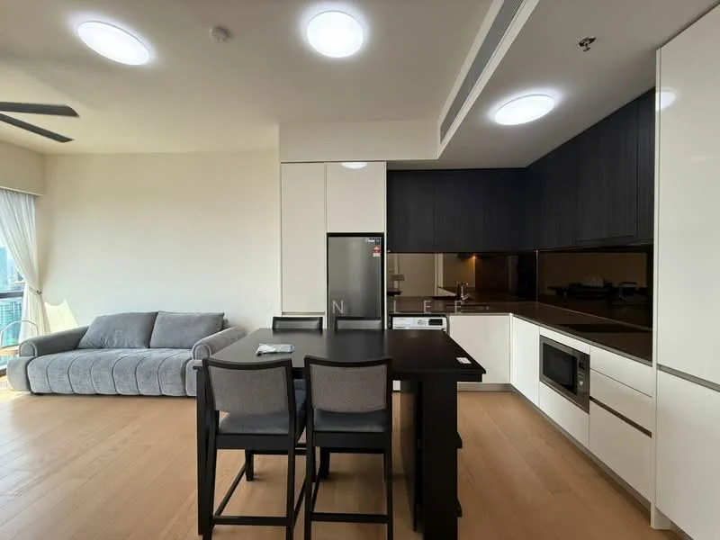 Kitchen features: grey fabric sofa, black dining table, 2 dining chairs, stainless-steel fridge, built-in microwave, white cabinetry, black countertop, black backsplash, induction hob, kitchen sink, recessed ceiling lights, wooden flooring, floor-to-ceiling windows with sheer curtains; style: modern; view: city.