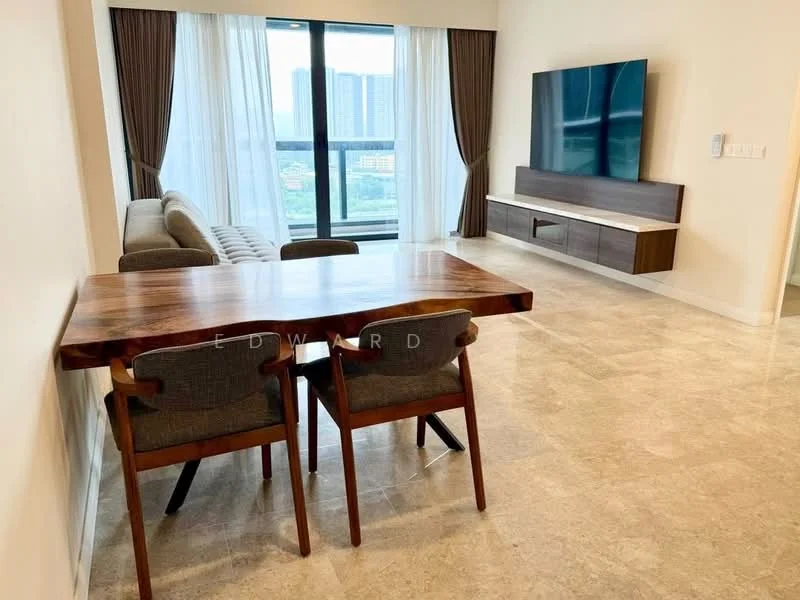 Living features: 3-seater fabric sofa in light grey, wooden dining table, 2 upholstered dining chairs, floor-to-ceiling windows, curtains, wall-mounted TV, low-profile media console, marble tile flooring, decorative wall panel, city view; style: modern; view: city.